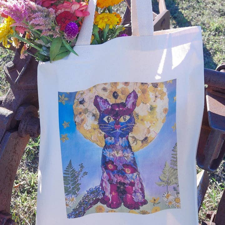 Pressed Flower cat Tote Bag | cat lover tote bag gift for wholesale by Remedy Designs