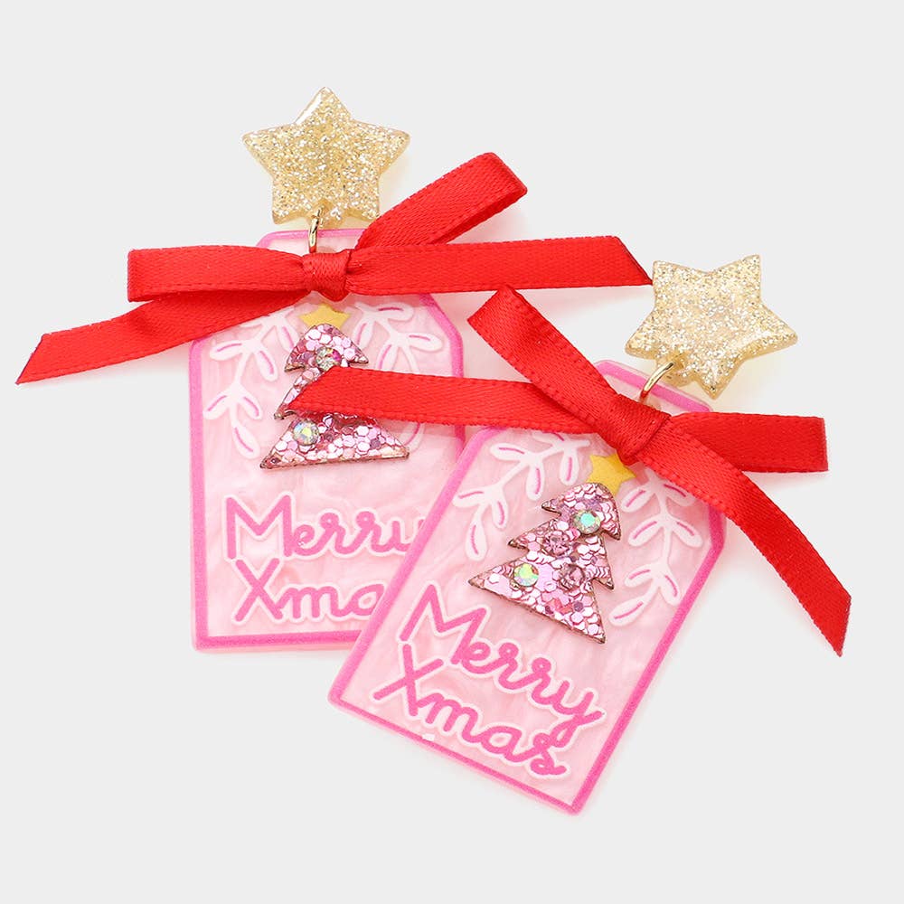 Sensibling Corp. - Wholesale Dangle Earrings - Merry Xmas Message Christmas Tree Ribbon Dangle Earrings0