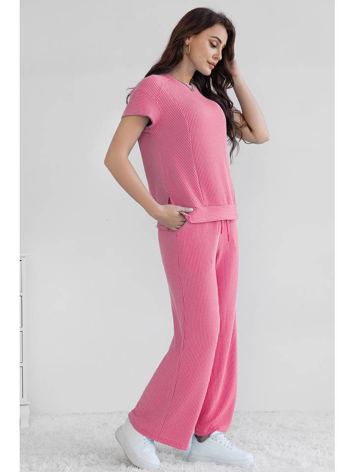 LA Society - Wholesale Lounge Set - Women's - Cable Knit Short Sleeve T Shirt and Wide Leg Pants Set2