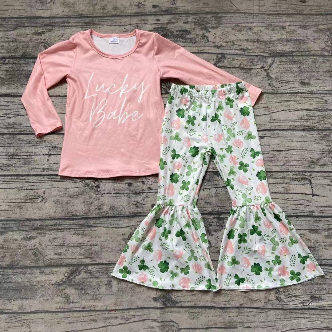 Aier Wholesale - Wholesale Top & Pant Set - Kids - St Patrick Day Lucky Babe bell bottom pants sets1