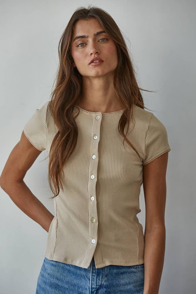 Beige RJ3493 | Knit Ribbed Buttondown Short Sleeve Cardigan Top for wholesale on Faire2