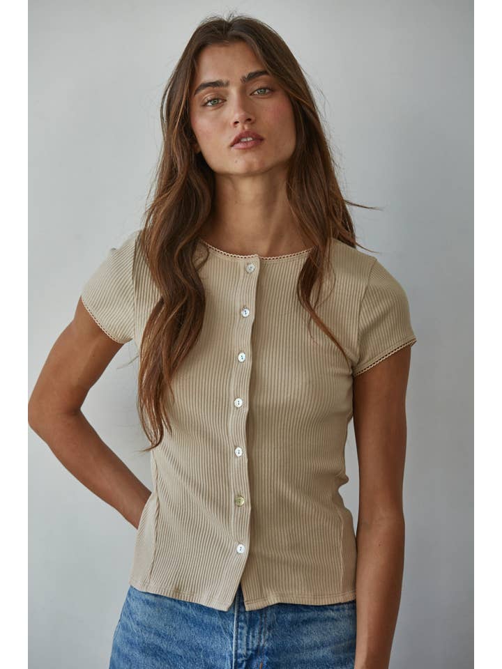 Beige RJ3493 | Knit Ribbed Buttondown Short Sleeve Cardigan Top for wholesale on Faire2