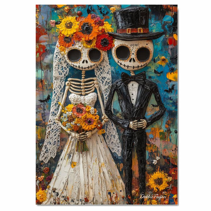Skeleton Wedding with Flowers in Bright Folk Style Canvas for wholesale by Art Paradise Studios