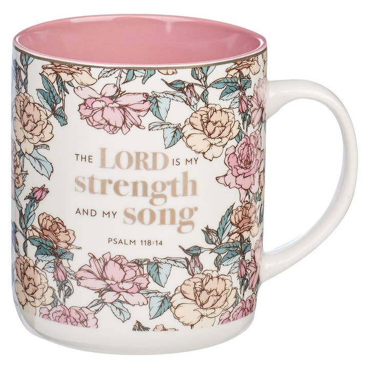 Mug My White/Pink Roses Strength & My Song Ps. 118:14 for wholesale by Christian Art Gifts