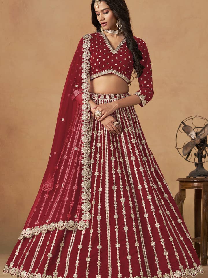 Red Art Silk Lehenga Choli For Indian & Pakistani Wedding Festival - Thread Embroidery Work, Foil Mirror Work for wholesale by HATKE BRIDE