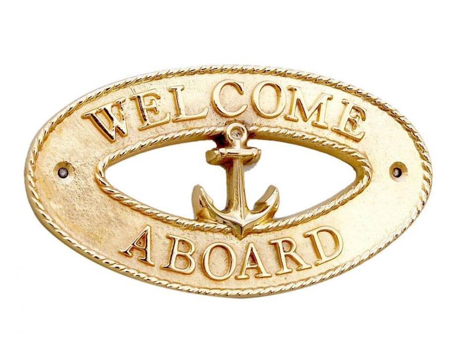 Hampton Nautical – wholesale Sign – Brass Welcome Aboard Oval Sign with Anchor 8"0