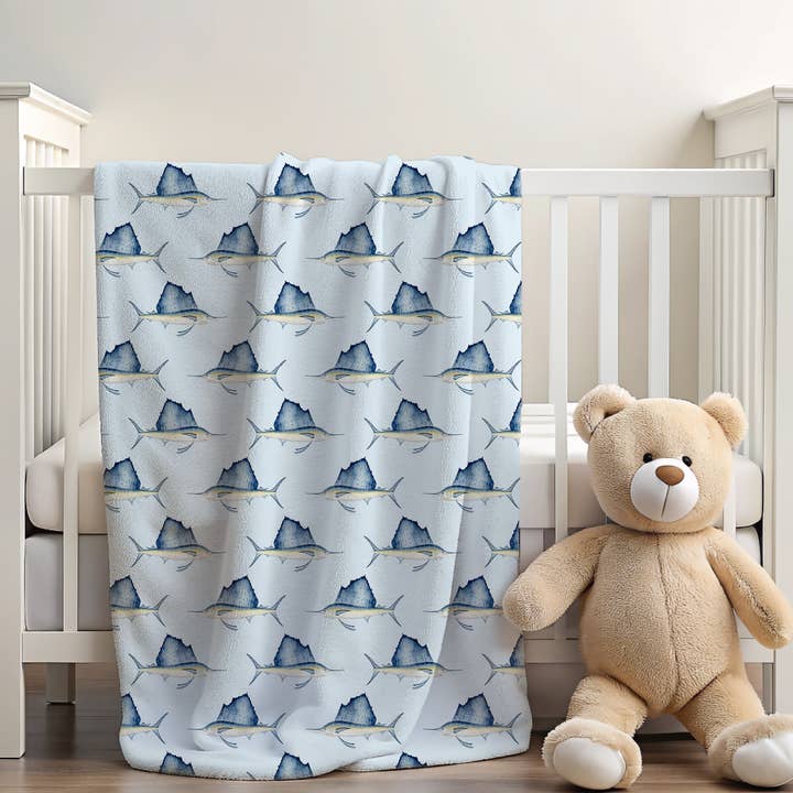 Sailfish 30x40 Sherpa-backed Minky Blanket for wholesale by Brittany Hartt Designs