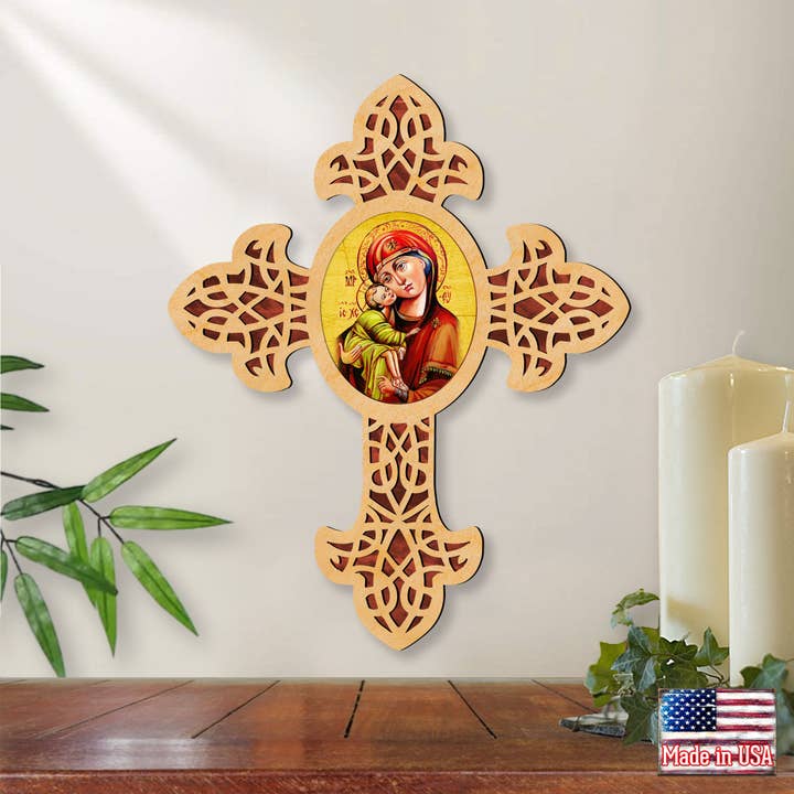Designocracy - Venta al por mayor Cruz de pared - Cruz puntiaguda de madera inspiradora Vladimir Virgen María