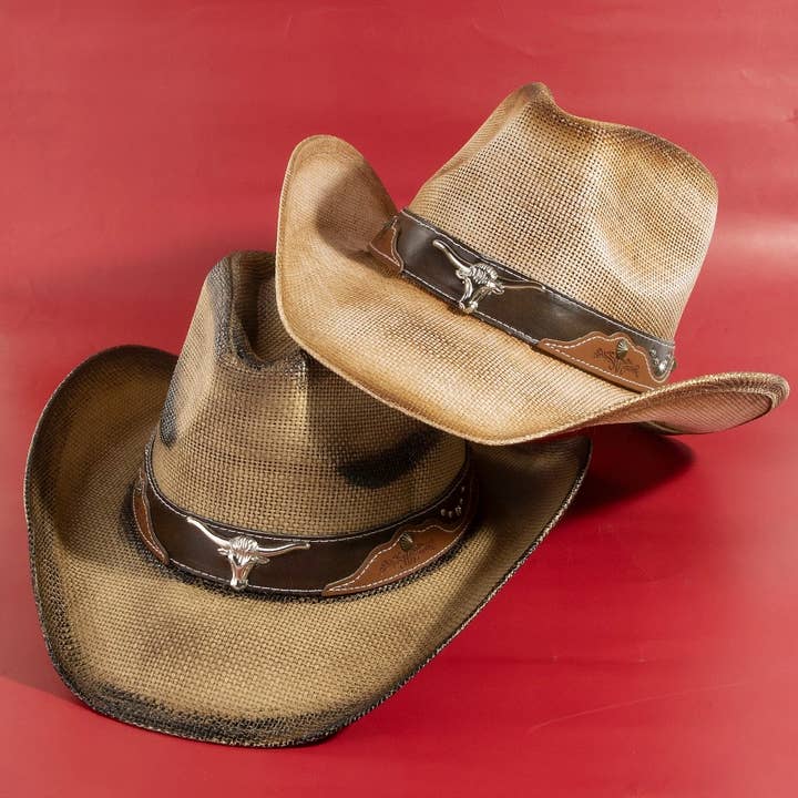 Western Long Horn Strap Trim Straw Cowboy Hat for wholesale by Collections by Fame Accessories