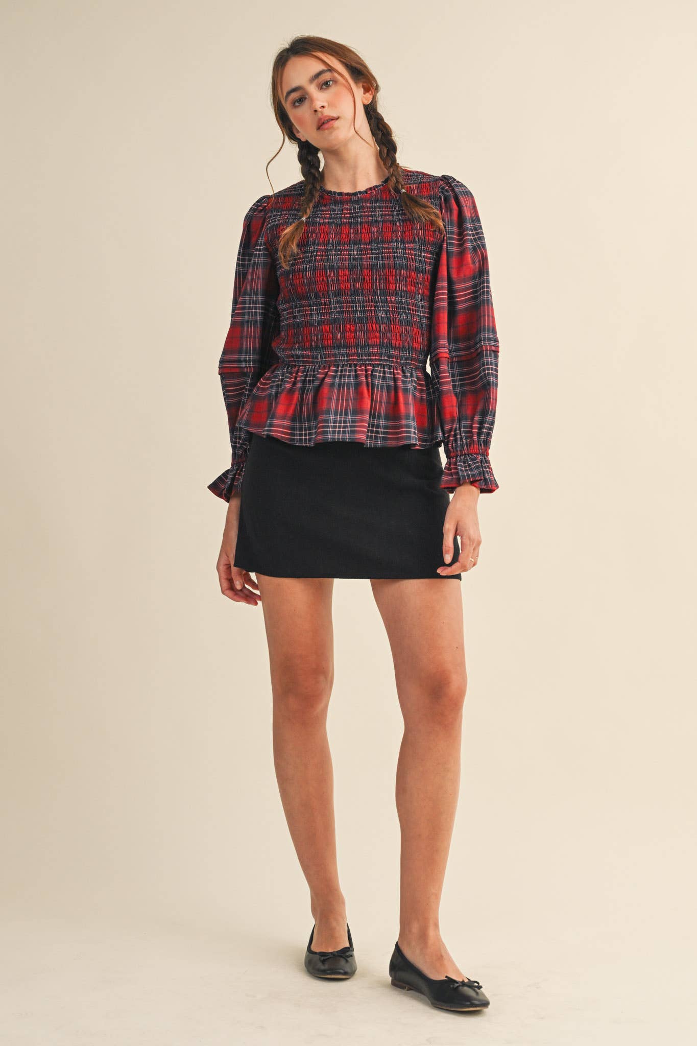 SMOCKED PLAID PUFF SLEEVE PEPLUM TOP MTP4192 for wholesale on Faire19