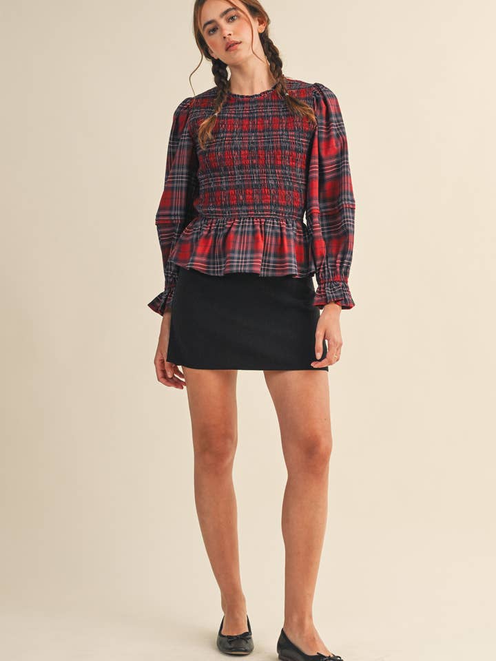 SMOCKED PLAID PUFF SLEEVE PEPLUM TOP MTP4192 for wholesale on Faire19