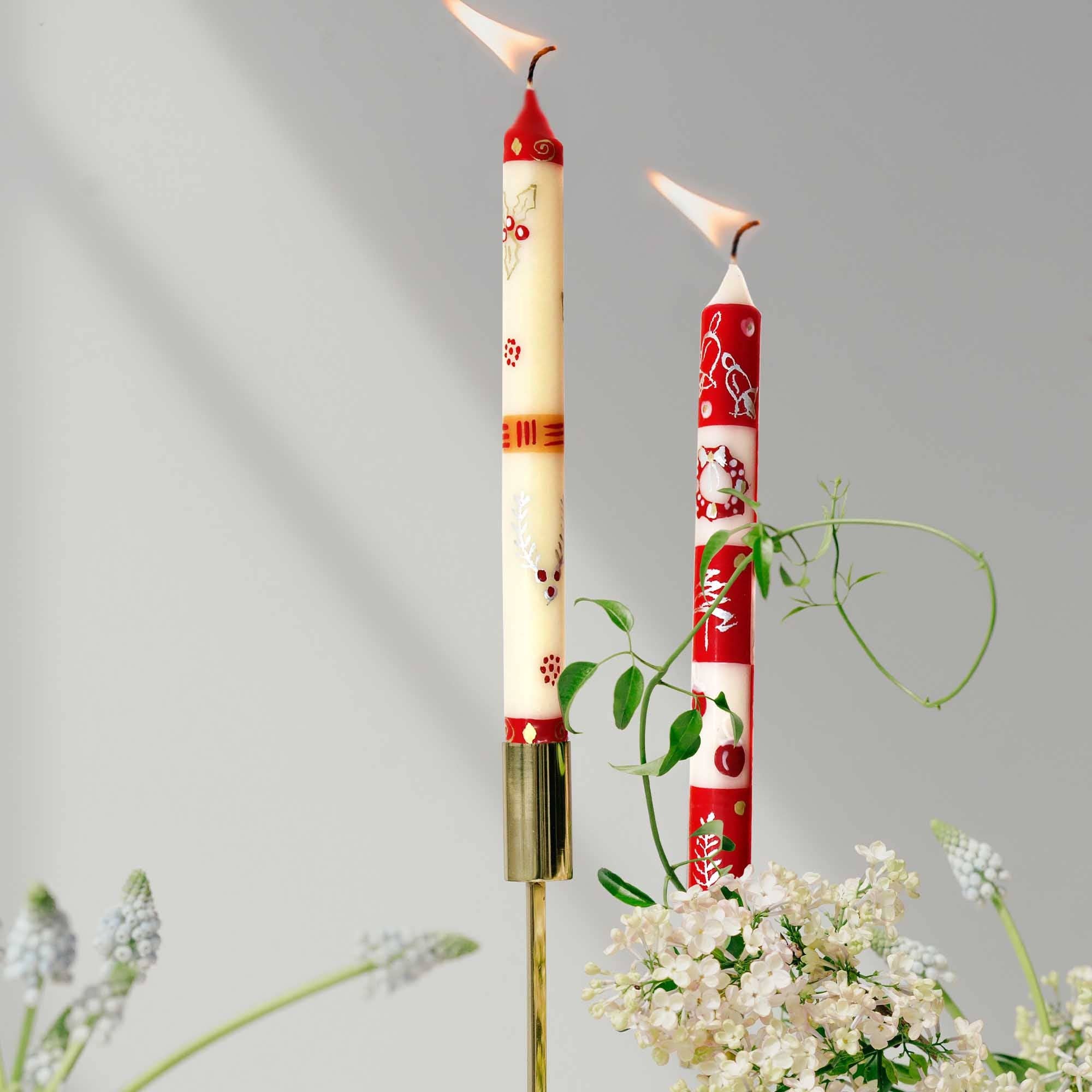 Global Crafts - Vendita all'ingrosso Candele cilindriche/candelieri - Candele natalizie dipinte a mano, coppia (design Kimeta)2