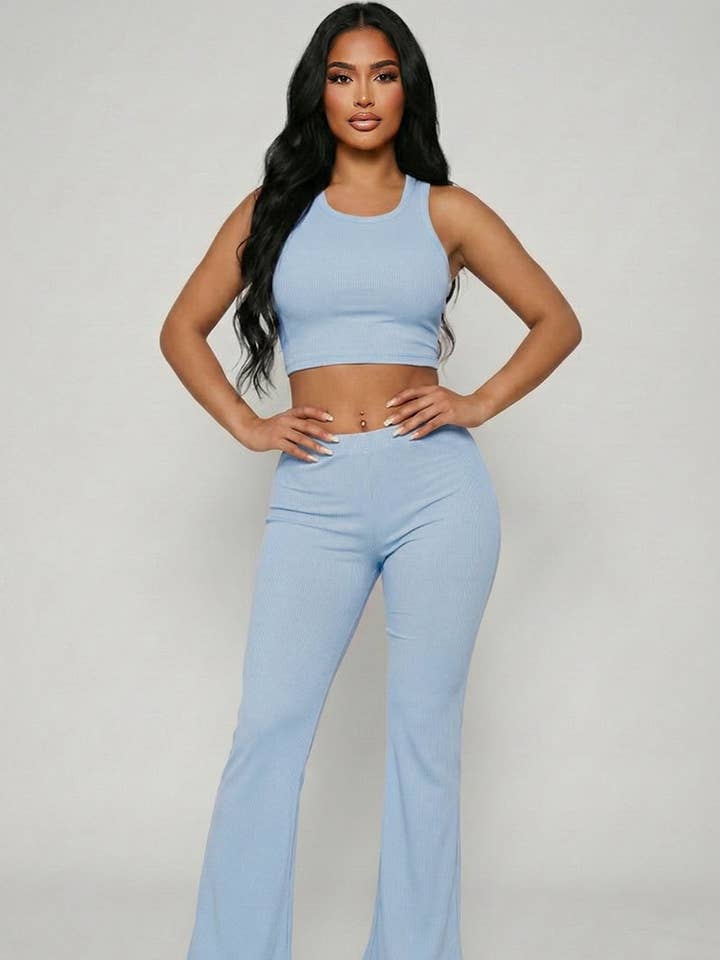 Ribbed Sleeveless Crop Top & Flared Pants Set for wholesale by CAPELLA APPAREL