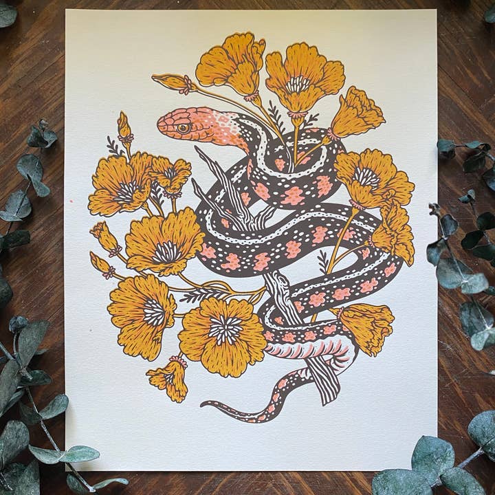 Mustard Beetle - Wholesale Art Print - Snake + Poppies 8x10" Giclee Print