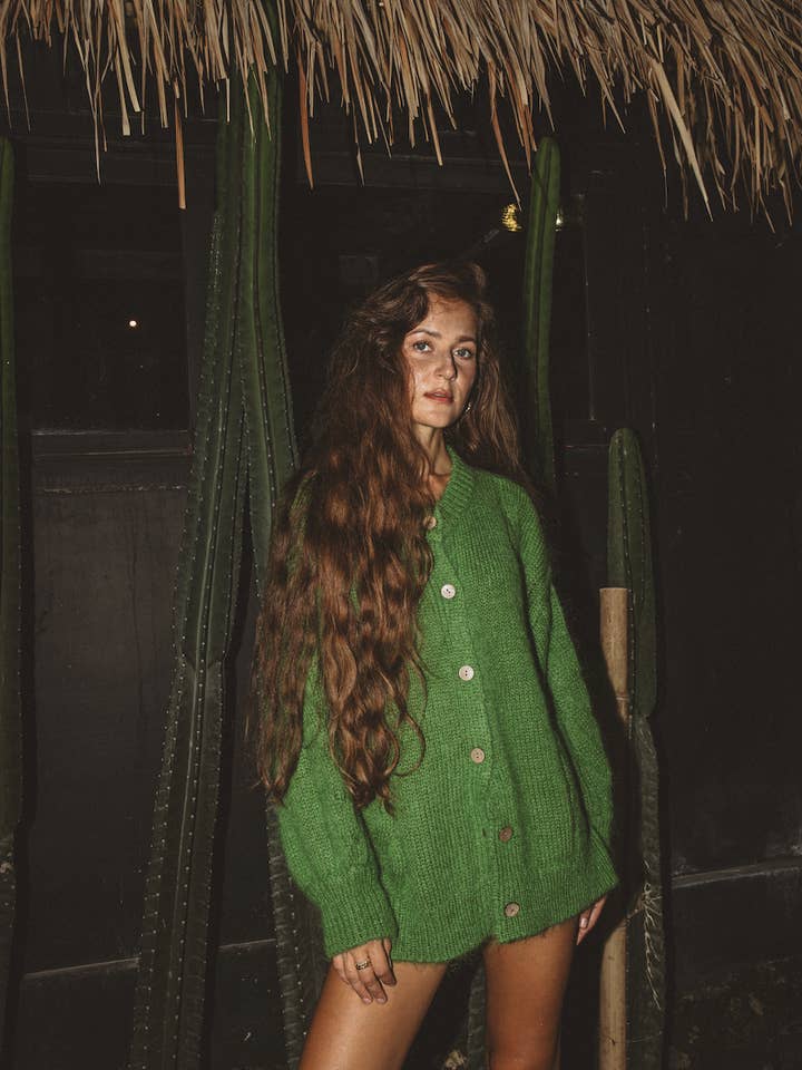 Kiwi Green Noura Hand Knitted Mohair Cardigan for wholesale by Noa & Rain