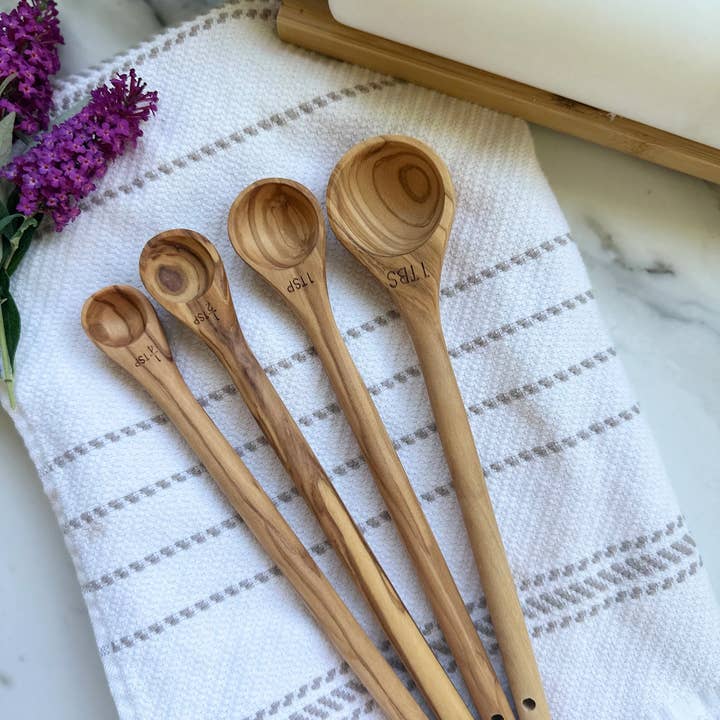 Handcrafted Olive Wood Long Handle Measuring Spoons Set for wholesale by Salt & York