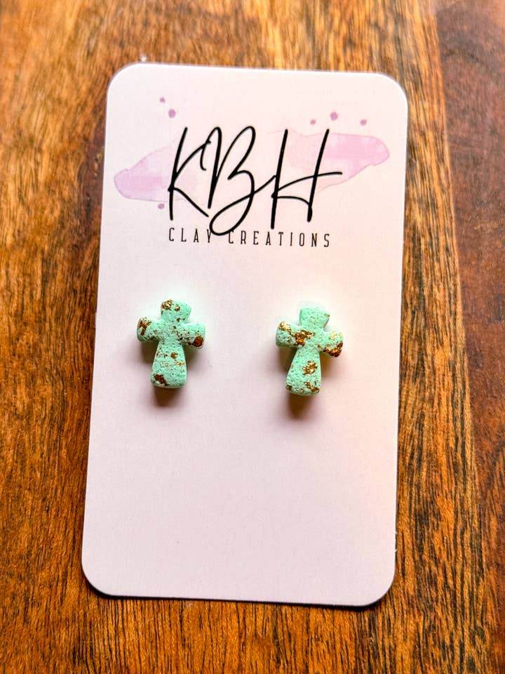 Mint Gold Cross Stud Handmade Clay Earrings for wholesale by KBH CREATIONS