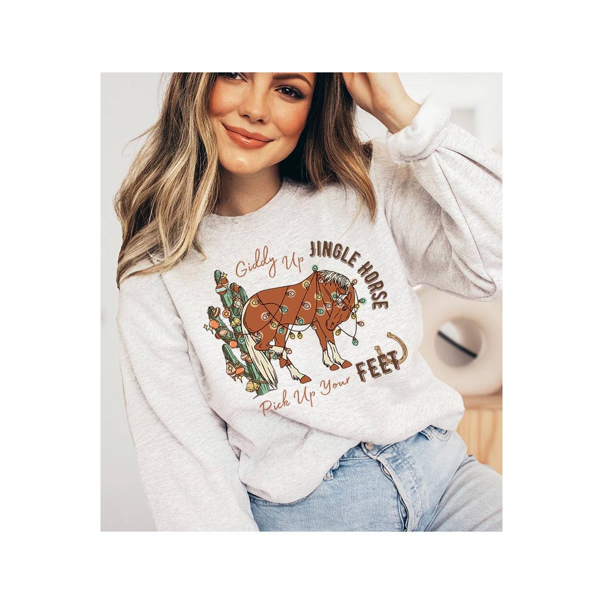 COLORBEAR – Engroshandel Grafisk Sweatshirt - Dame – Giddy Up Jingle Horse jule-unisex sweatshirt med fleece0