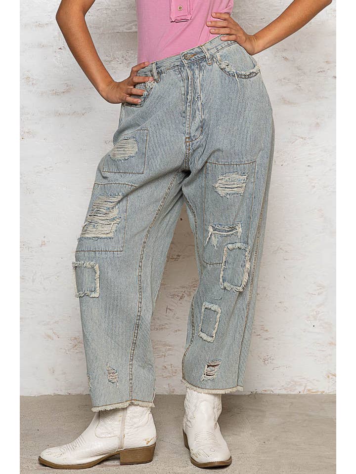 Pol Clothing - Wholesale Jeans - Women's - High rise ankle length distressed pinstripe boyfriend jeans