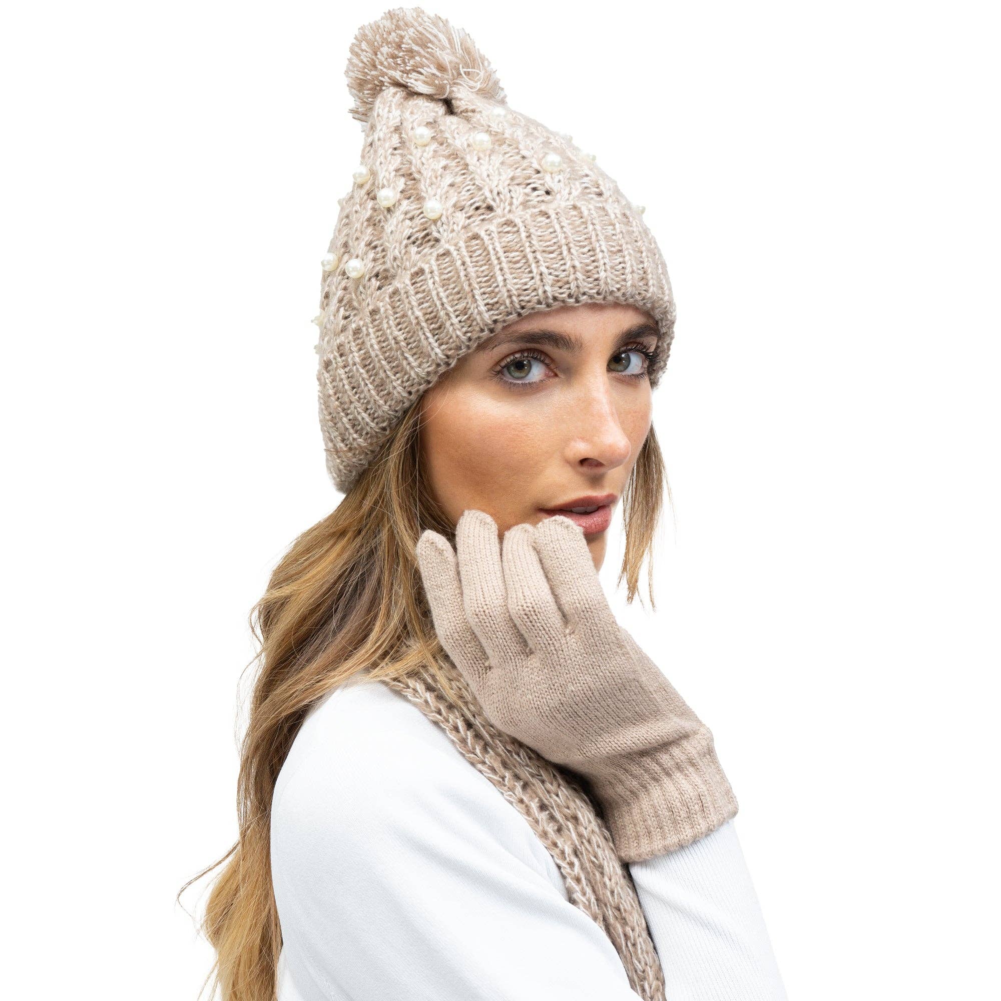 TAUPE Just Jamie 3-Piece Marled Knit Hat, Scarf, and Gloves Set with Pearls for wholesale on Faire5