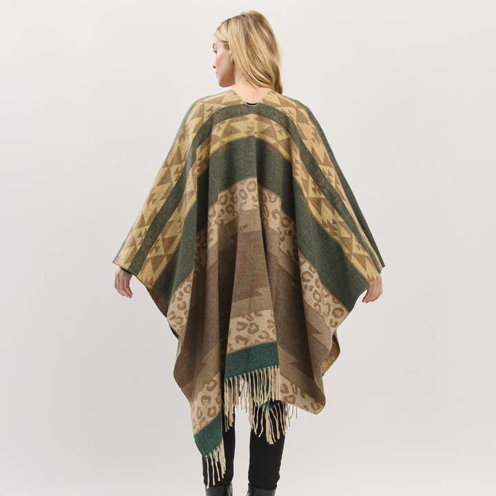 Hana – wholesale Kimono – Women's – Aztec Leopard Pattern Western Style Fringe Ruana9