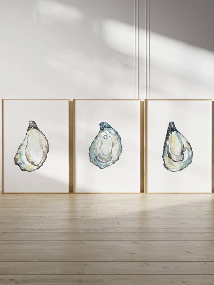 Set di 3 stampe di pittura ad acquerello costiera con conchiglie di perle di ostrica per la vendita all'ingrosso da parte di Goodfairyart