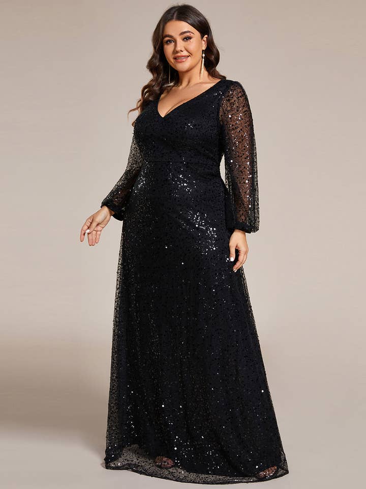 Ever-Pretty – Vestido comprido - Mulher por atacado – Plus Vestido elegante de chiffon de cintura com decote em V de manga comprida12