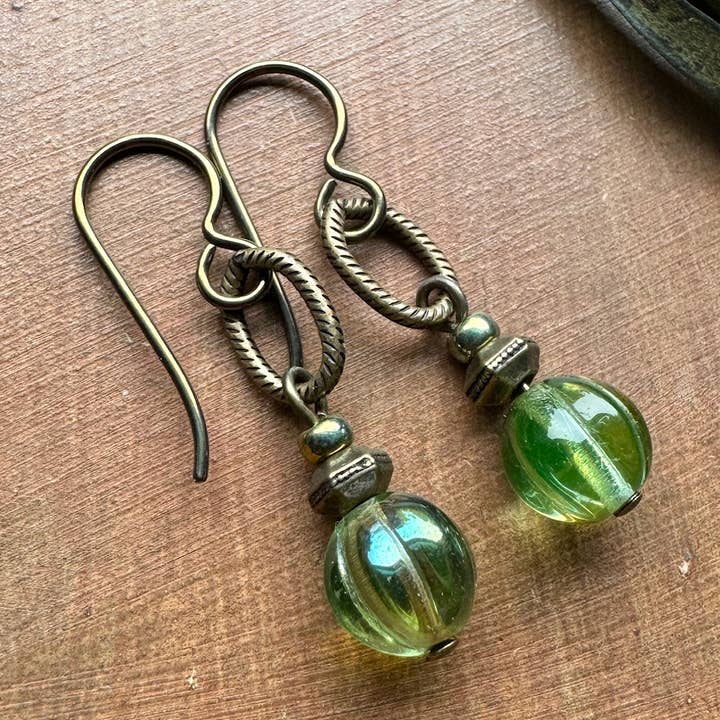 Lime Green Dangle Earrings Antiqued Brass Niobium Ear Wires for wholesale by Vintage Earth