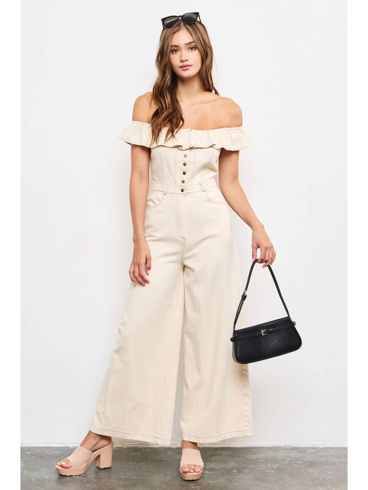 Mustard Seed – Großhandel Jumpsuit – Damen – SCHULTERFREIER OVERALL MIT RÜSCHEN1