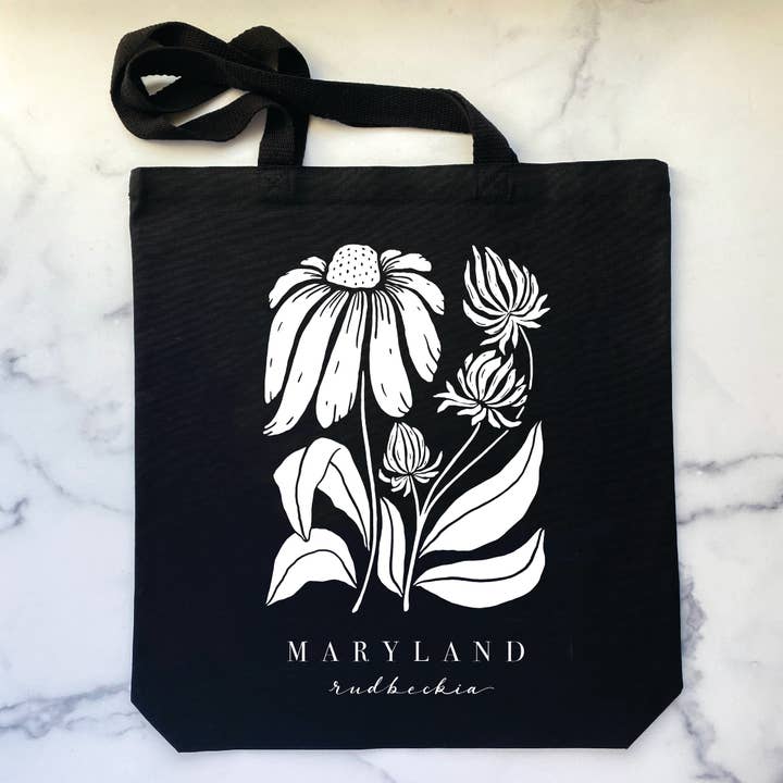 Tote Bag - Maryland Rudbeckia (Black Book Bag) for wholesale by Billie Claire Illustration (Handmade)