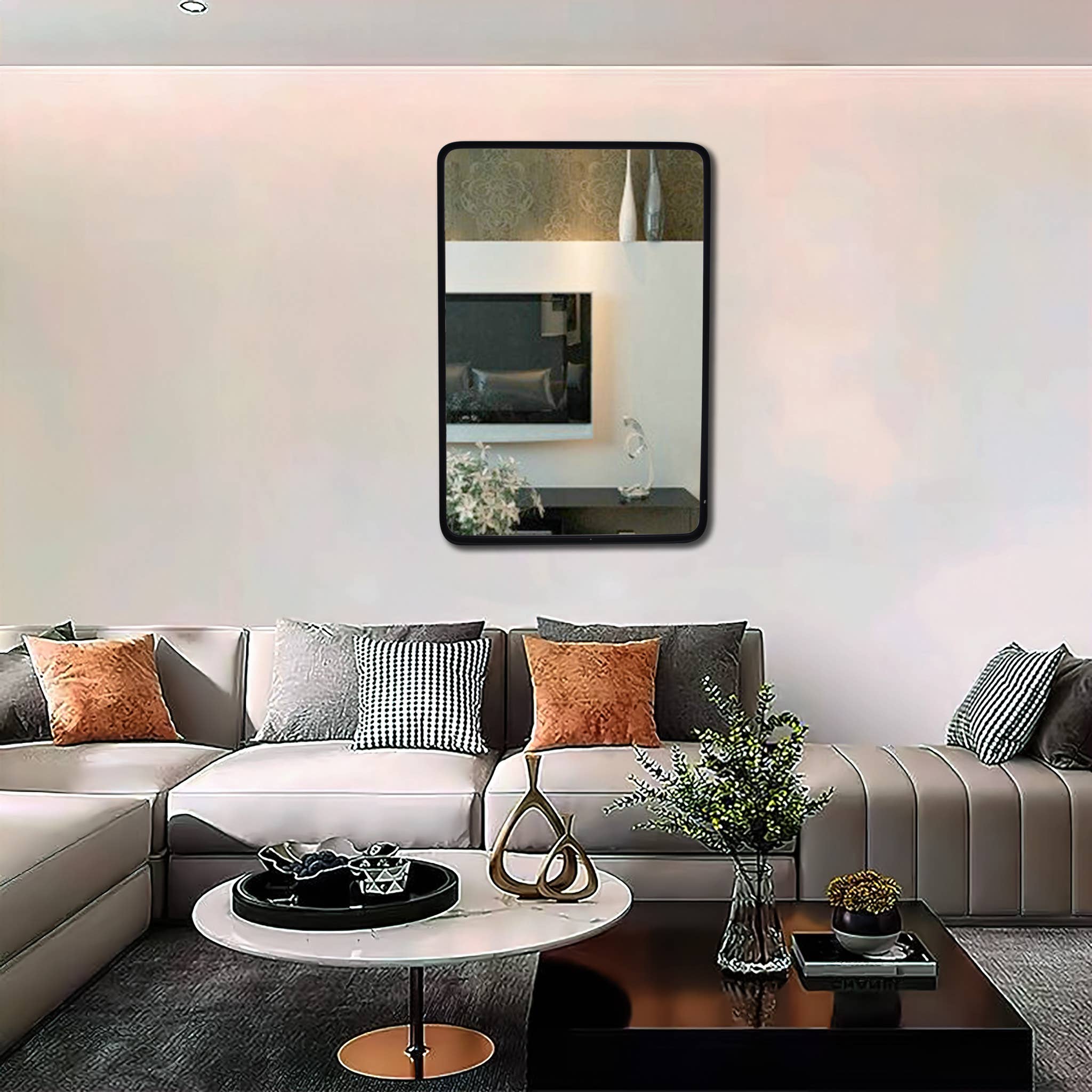 Paris Loft Inc - Wholesale Muurspiegel - Moderne zwarte spiegel met afgeronde hoeken voor slaapkamer of woonkamer4