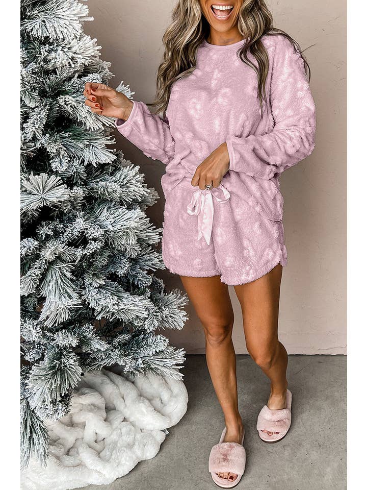 Lavendula Leopard Fleece Top and Shorts Set for wholesale on Faire