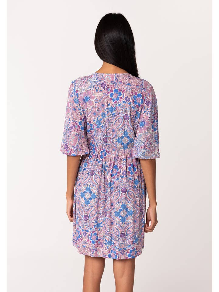 Dusty Rose Blue Lurex Floral Empire Waist Half Sleeve Mini Dress for wholesale on Faire