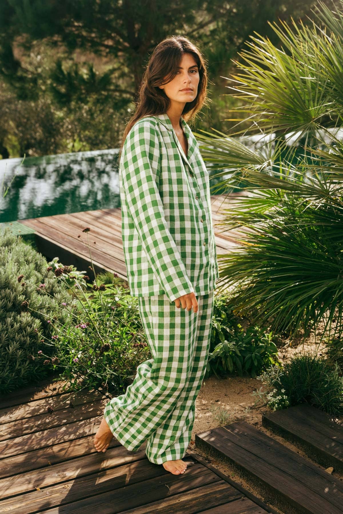 AmourLinen - Wholesale Sleepwear Set - Women's - Long sleeve pyjama set NIGHTLY in Green Gingham13