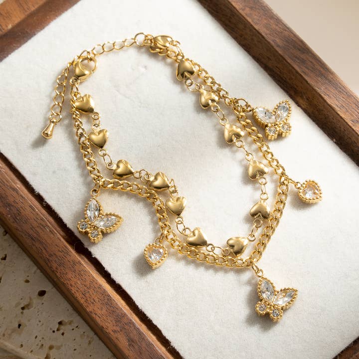 COSMOS - Wholesale Charm/Dangle Bracelet - Butterfly & Heart Gold Stainless Steel Charm Bracelet0