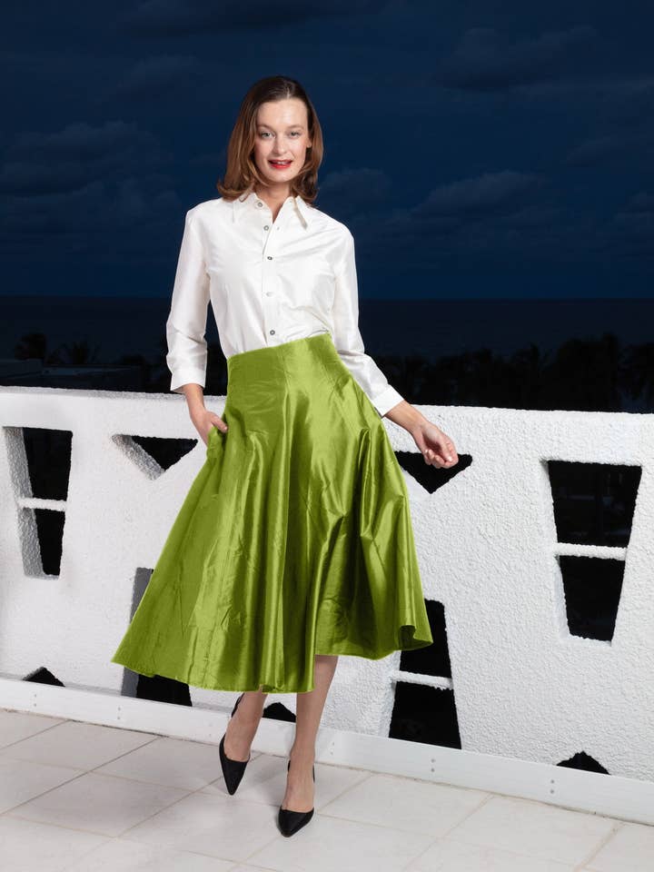 Mid-Calf Nederdel Grøn Silke for engroshandel hos Dizzy-Lizzie