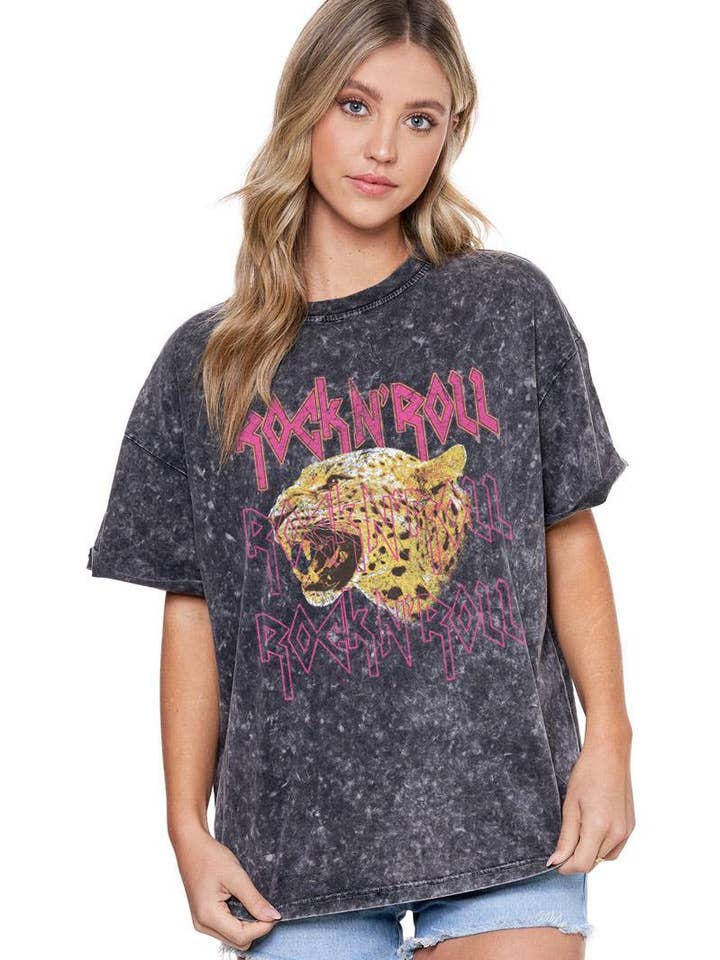 Rock N Roll Cheetah Vintage Graphic S/S Mineral Washed Tee for wholesale by Zutter