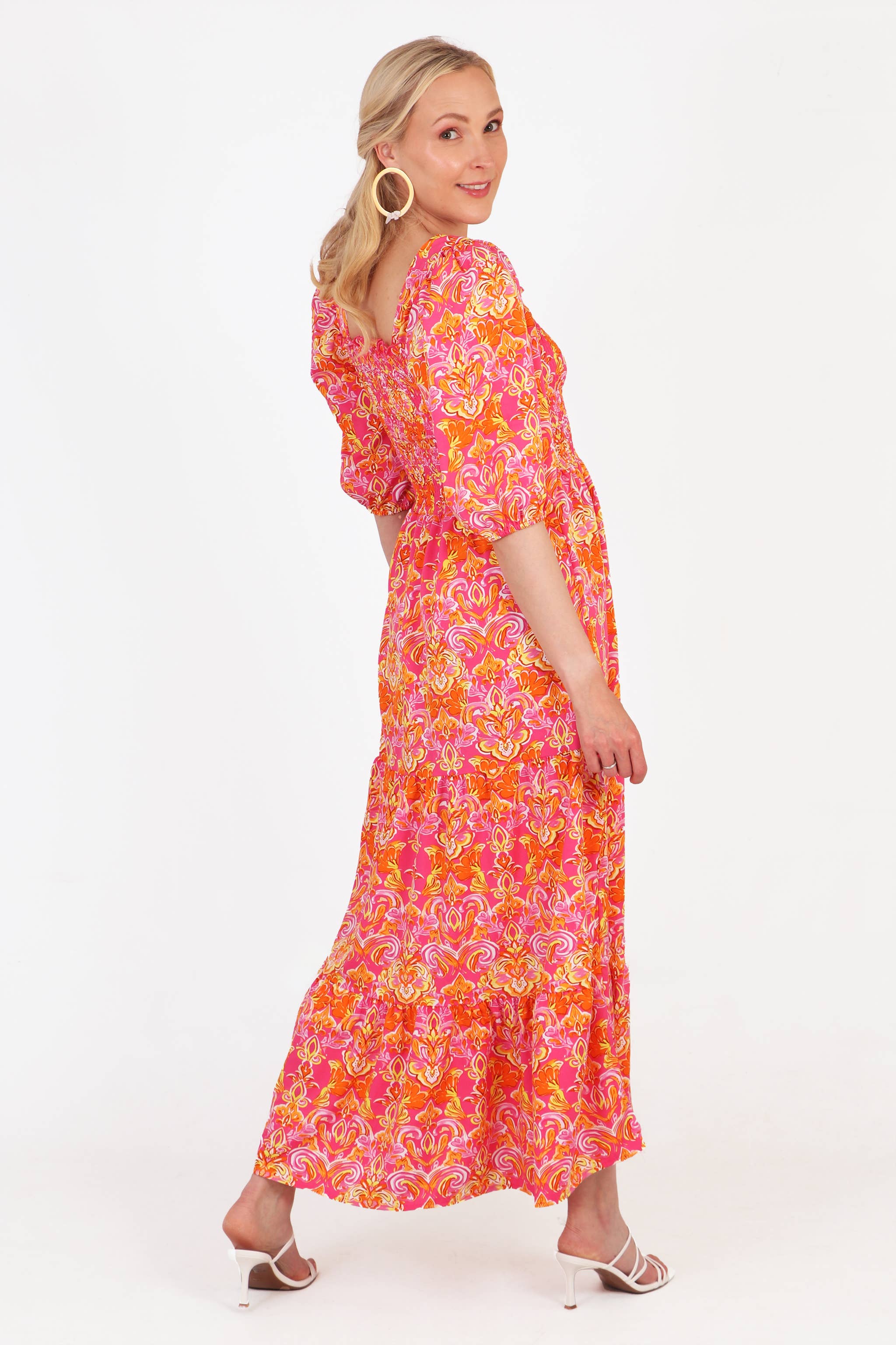 Sarta - Wholesale Dress - Women's - Fleur de Lis Print Tiered Maxi Milkmaid Dress in Pink1