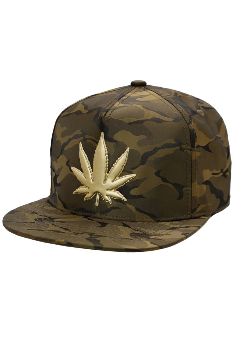 Cap Zone - Wholesale Flat Brim Cap - Men's - Gold Marijuana Leaf Embossed Camo Polyester Fabric Snapback18