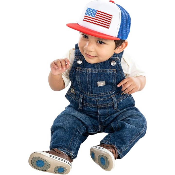 Funky Junque - Wholesale Kids Hat - Kids - Flat Brim Trucker Hat - American Flag - Red/White/Blue