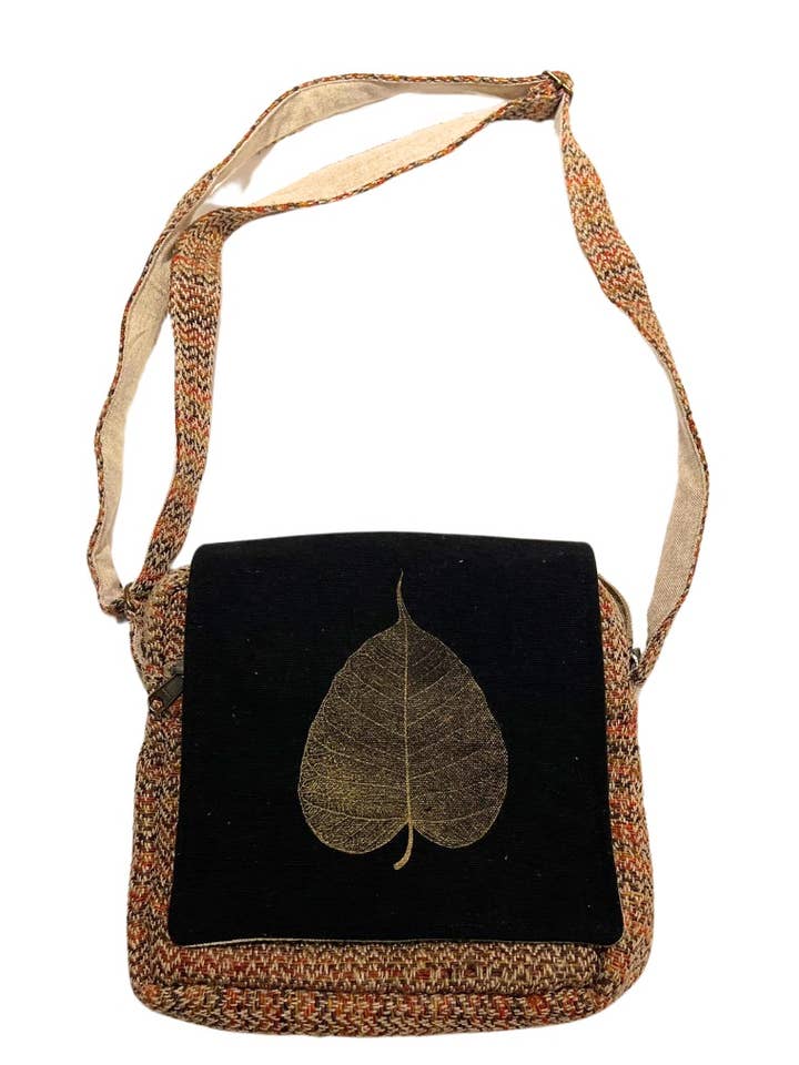 Fall colors hemp zig zag bag with black flap bodi leaf for wholesale by Earth Divas