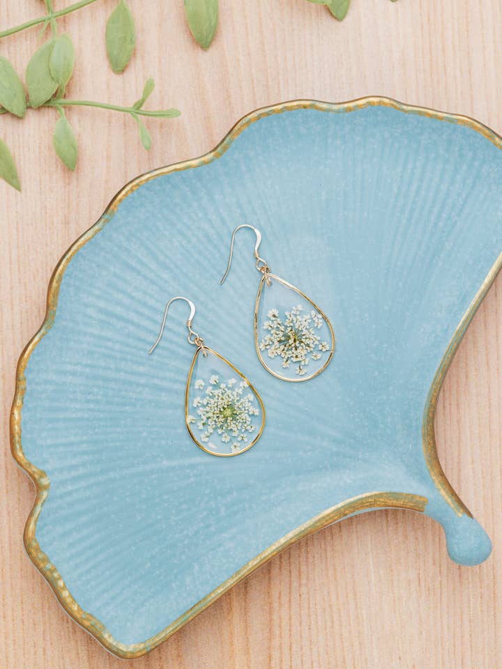 Pressed Queen Anne's Lace Earrings, Wildflower, 14k gf for wholesale by Indigo & Lily Co.