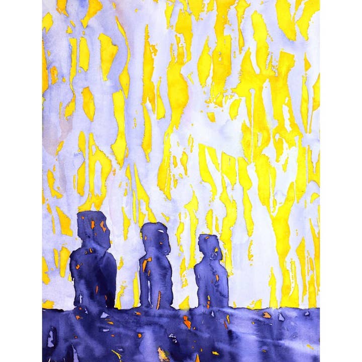 Moai-beelden op Paaseiland gesilhouetteerd bij zonsopgang - Chili. Paaseiland kunst aquarel kleurrijke kunst Moai Paaseiland (print) voor wholesale door Ryan Fox Fine Art
