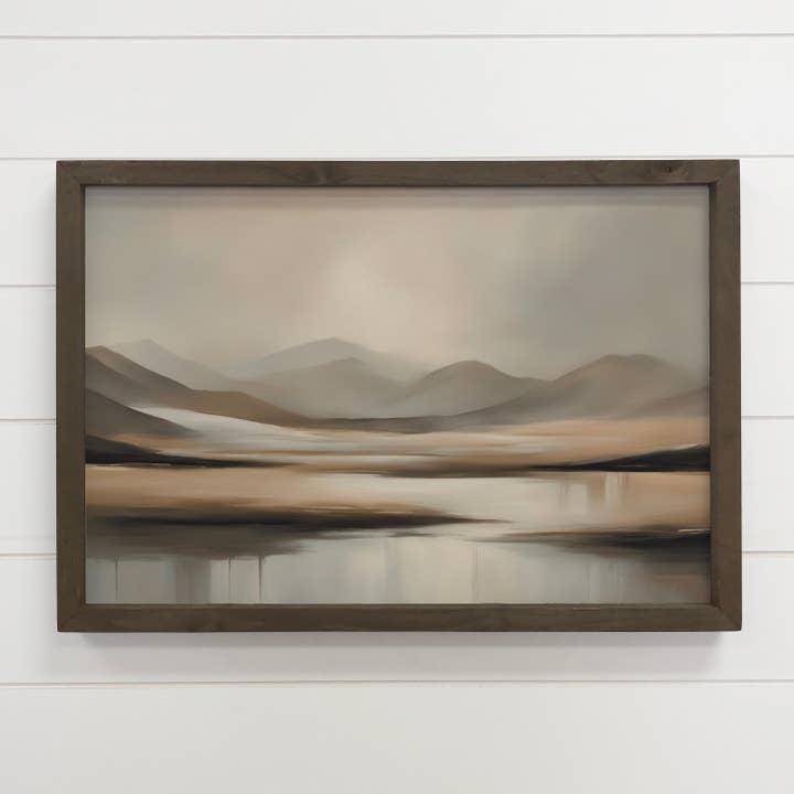 Paysage moderne beige - Art sur toile de paysage - Encadré en bois pour la vente par Hangout Home