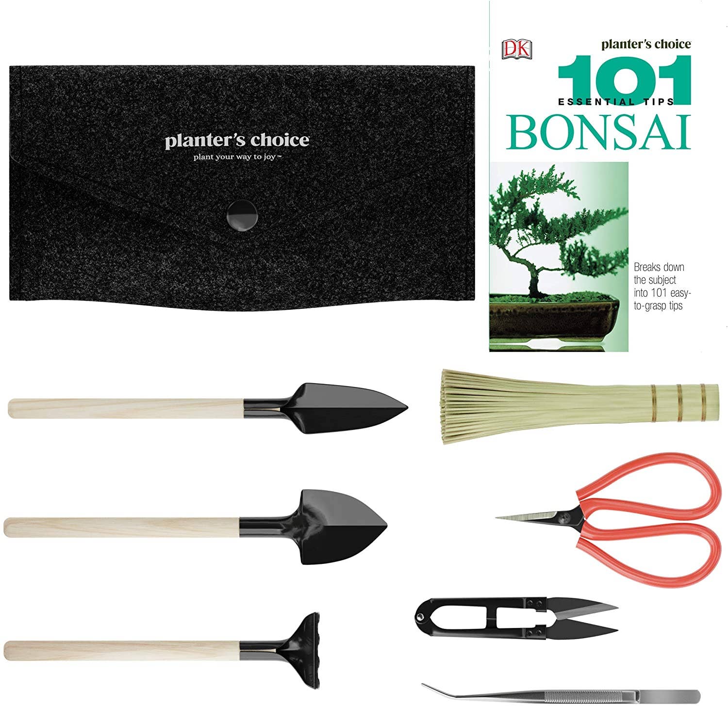 Planters' Choice Premium Bonsai Tool Kit + Bonsai 101 Book -Set  Includes:Wooden Rake, Long & Wide Spades, Scissors, Tweezers, Bamboo Brush,  & Pruning