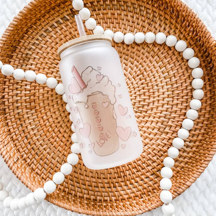 16oz Iced Coffee Frosted Glass - Valentines Day Glass Can for wholesale by From Us To You Co. Handmade Goods