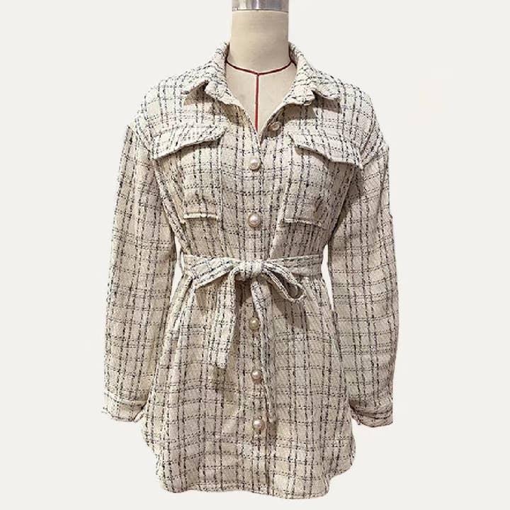 Apricot Looking Great Plaid Collared Neck Tweed Long Sleeve Shacket for wholesale on Faire