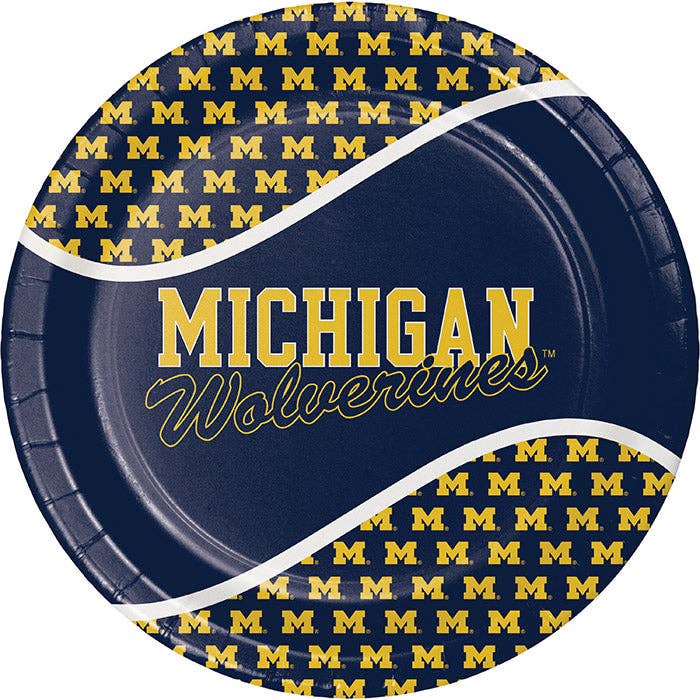University of Michigan Paper Dinner Plate, 8/Pkg for wholesale by Bulk Party Decor
