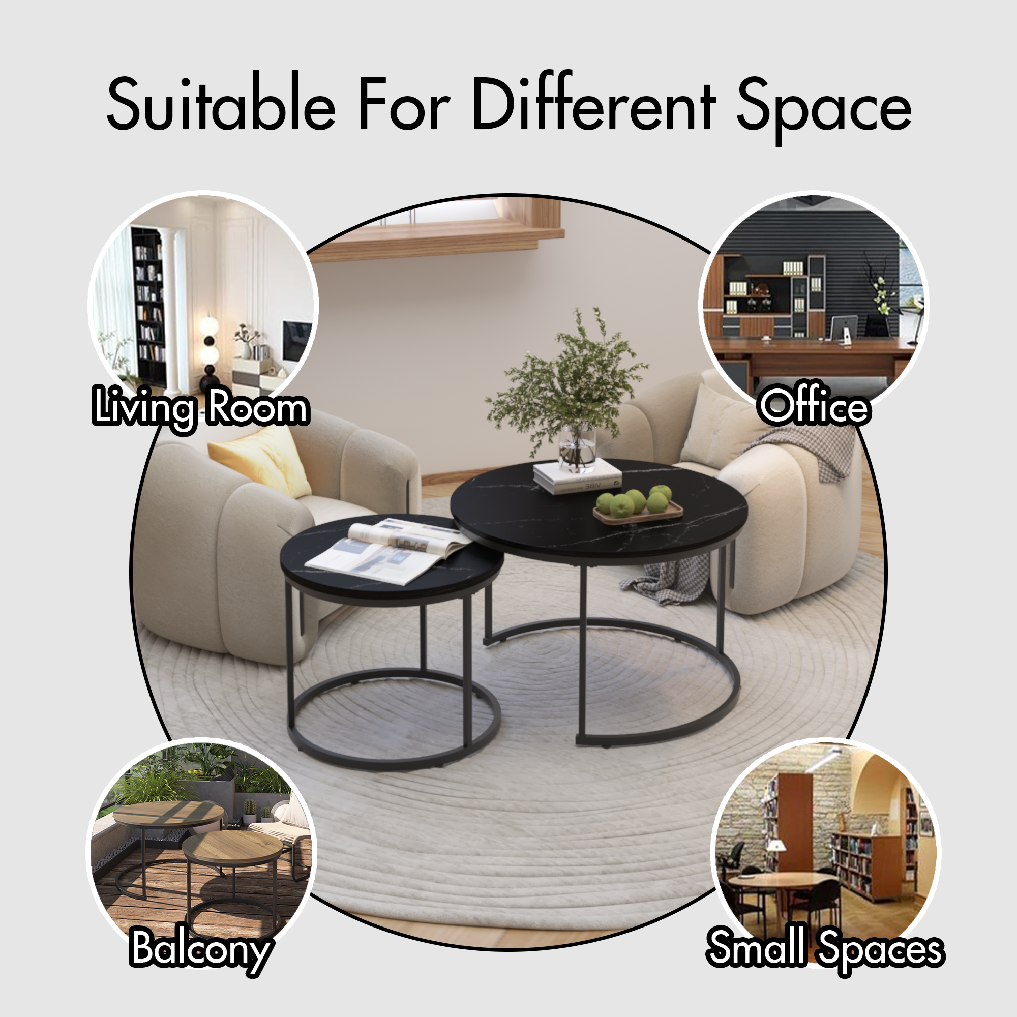 39F Inc. - Wholesale Coffee Table - Set of 2 Nesting Round Black Coffee Tables with Marble Top12