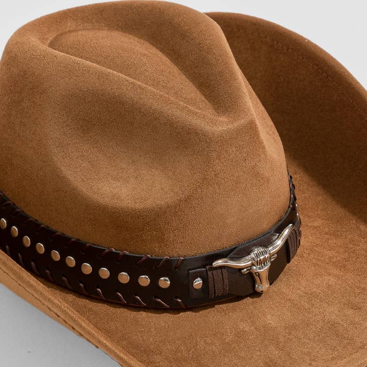 Collections by Fame Accessories - Wholesale Fedora - Women's - Studded Western Bull Head Strap Cowboy Hat1